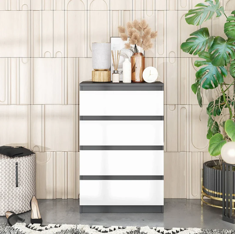 GABRIEL - Commode 4 Tiroirs - Table de Chevet Buffet - H92cm L60cm P33cm (Anthracite / Blanc Mat)