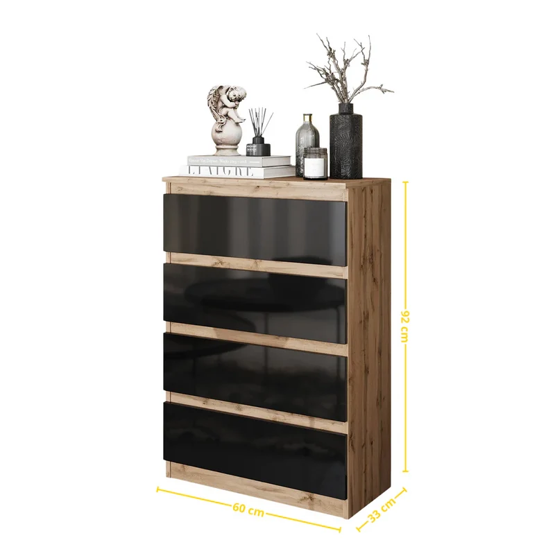 GABRIEL - Commode 4 Tiroirs - Table de Chevet Buffet - H92cm L60cm P33cm (Chêne Wotan / Noir Brillant)