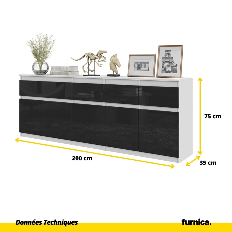 NOAH - Commode 5 Tiroirs et 5 Portes - Armoire de Rangement pour Couloir / Chambre à Coucher - Buffet - Blanc Mat / Noir Brillant H75cm L200cm P35cm
