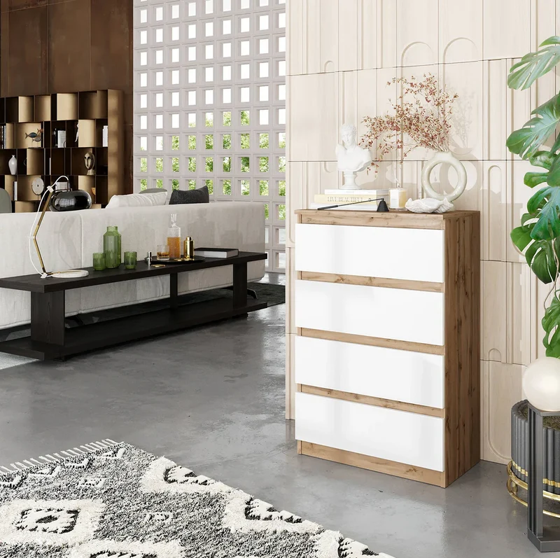 GABRIEL - Commode 4 Tiroirs - Table de Chevet Buffet - H92cm L60cm P33cm (Chêne Wotan / Blanc Mat)