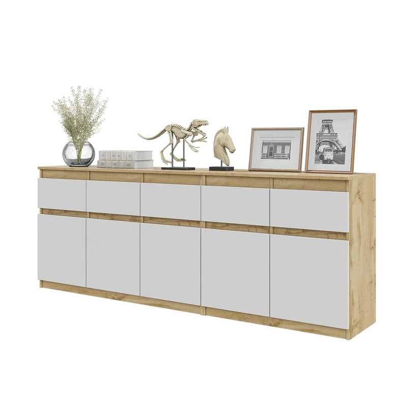 NOAH - Commode 5 Tiroirs et 5 Portes - Armoire de Rangement pour Couloir / Chambre à Coucher - Buffet - Chêne Wotan / Blanc Mat H75cm L200cm P35cm