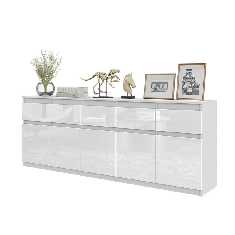 NOAH - Commode 5 Tiroirs et 5 Portes - Armoire de Rangement pour Couloir / Chambre à Coucher - Buffet - Blanc Mat / Blanc Brillant H75cm L200cm P35cm