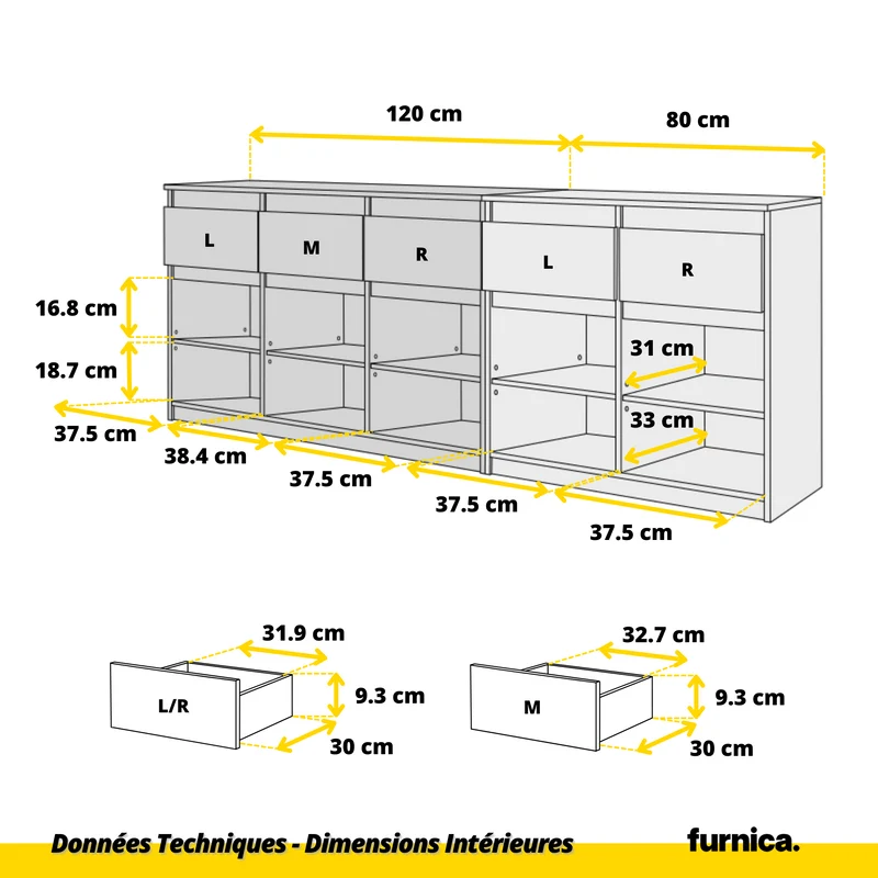 NOAH - Commode 5 Tiroirs et 5 Portes - Armoire de Rangement pour Couloir / Chambre à Coucher - Buffet - Blanc Mat H75cm L200cm P35cm
