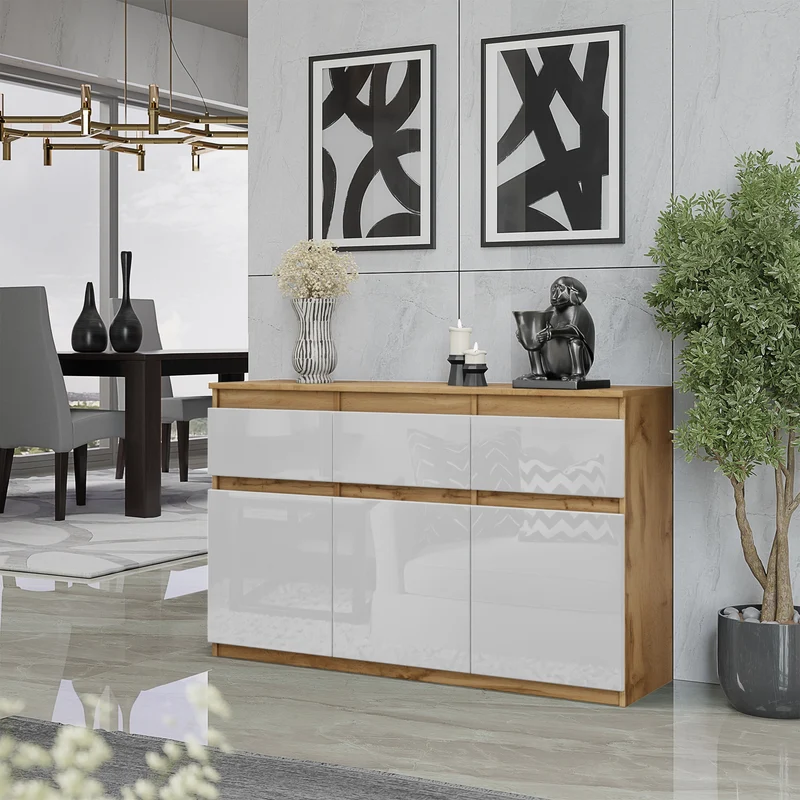 NOAH - Commode 3 Tiroirs et 3 Portes - Meuble de Rangement pour Couloir / Chambre - Buffet - H75cm L120cm P35cm (Chêne Wotan / Blanc Brillant)