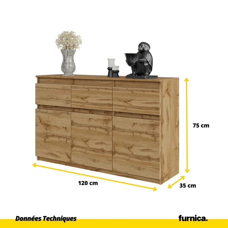 NOAH - Commode 3 Tiroirs et 3 Portes - Meuble de Rangement pour Couloir / Chambre - Buffet - H75cm L120cm P35cm (Chêne Wotan)