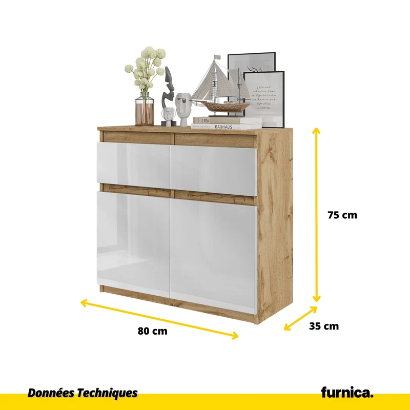 NOAH - Commode 2 Tiroirs et 2 Portes - Meuble de Rangement pour Couloir / Chambre - Buffet - H75cm L80cm P35cm (Chêne Wotan / Blanc Brillant)