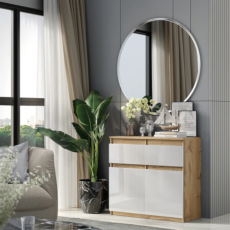 NOAH - Commode 2 Tiroirs et 2 Portes - Meuble de Rangement pour Couloir / Chambre - Buffet - H75cm L80cm P35cm (Chêne Wotan / Blanc Brillant)