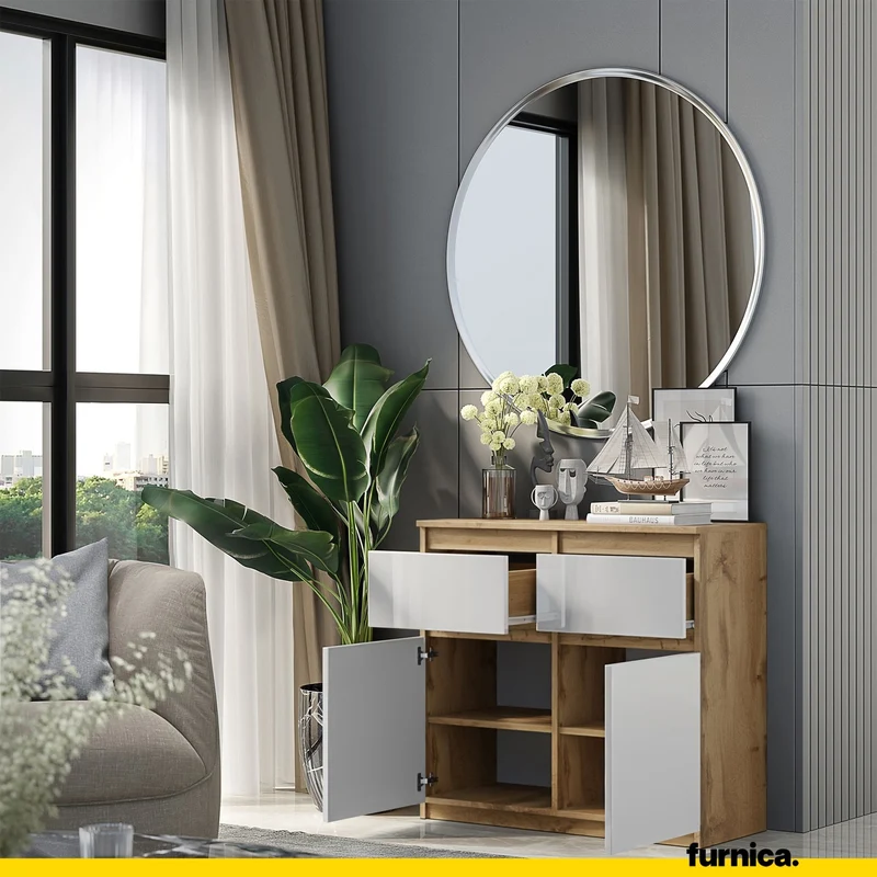 NOAH - Commode 2 Tiroirs et 2 Portes - Meuble de Rangement pour Couloir / Chambre - Buffet - H75cm L80cm P35cm (Chêne Wotan / Blanc Brillant)