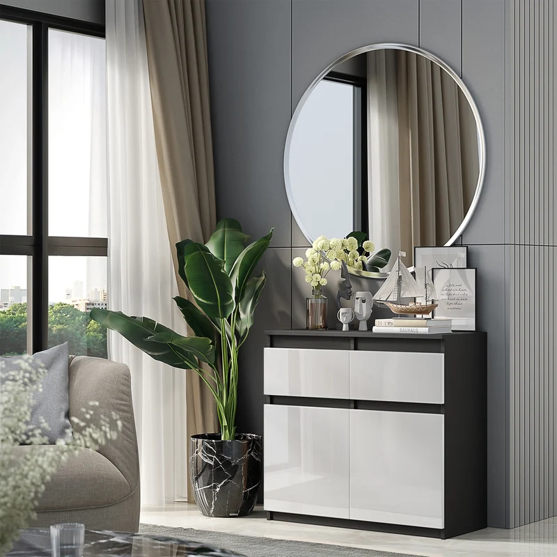 NOAH - Commode 2 Tiroirs et 2 Portes - Meuble de Rangement pour Couloir / Chambre - Buffet - H75cm L80cm P35cm (Anthracite / Blanc Brillant)