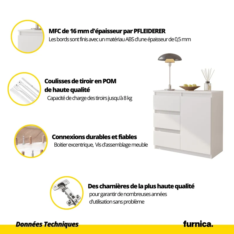MIKEL - Commode 3 Tiroirs et 1 Porte - Armoire de Rangement pour Couloir / Chambre à Coucher - Buffet - H75cm L80cm P35cm (Chêne Wotan / Anthracite)