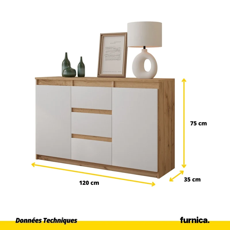 MIKEL - Commode 3 Tiroirs et 2 Portes - Armoire de Rangement pour Couloir / Chambre à Coucher - Buffet - H75cm L120cm P35cm (Chêne Wotan / Blanc)