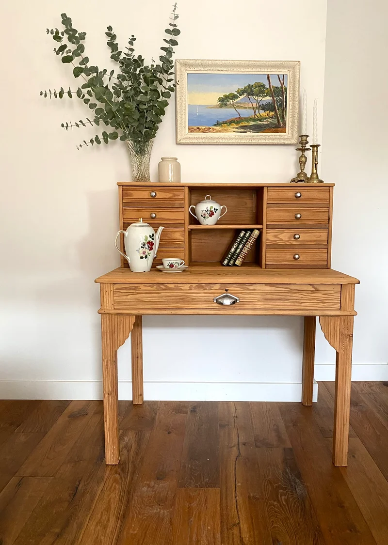 Bureau secrétaire style Art deco en bois ancien rénové