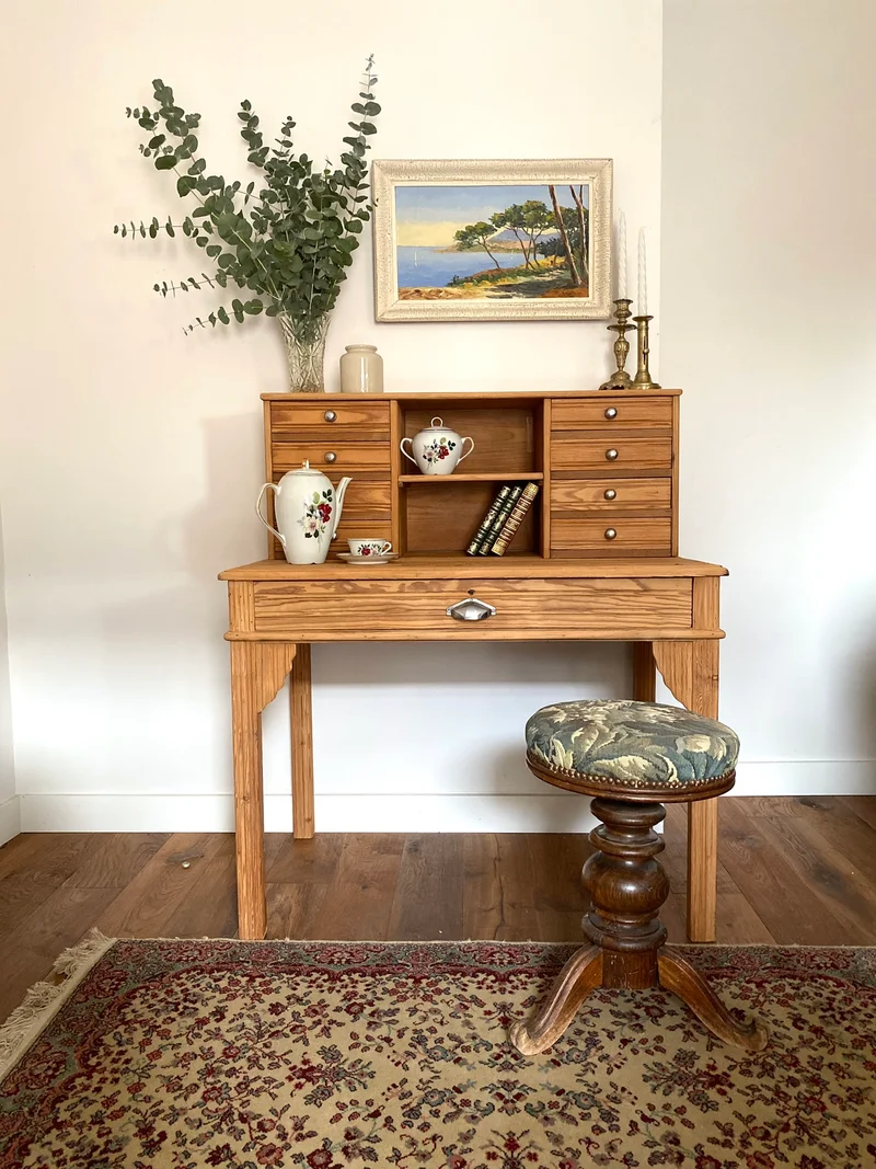 Bureau secrétaire style Art deco en bois ancien rénové