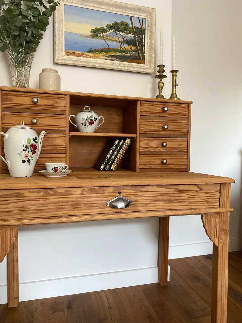 Bureau secrétaire style Art deco en bois ancien rénové