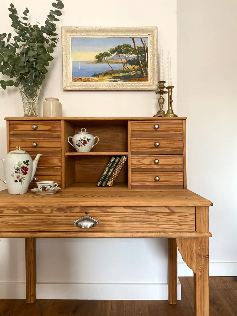 Bureau secrétaire style Art deco en bois ancien rénové