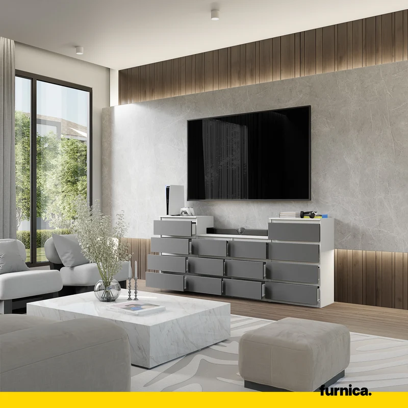 GABRIEL - Commode 14 Tiroirs (4+6+4) - H92cm L220cm P33cm (Blanc Mat / Anthracite)