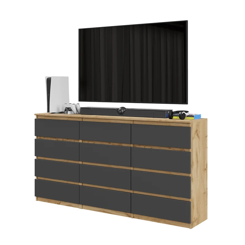 GABRIEL - Commode 12 Tiroirs (8+4) - H92cm L180cm P33cm (Chêne Wotan / Anthracite)