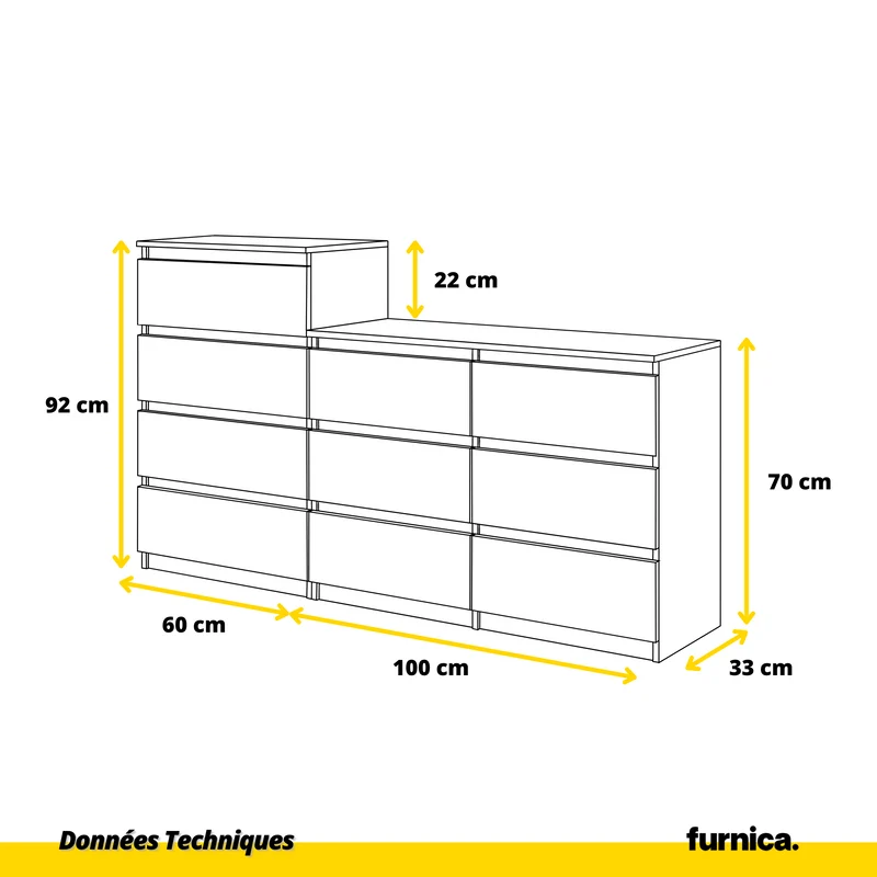GABRIEL - Commode 10 Tiroirs (6+4) - H92/70 cm L160 cm P33 cm (Blanc Mat / Anthracite)