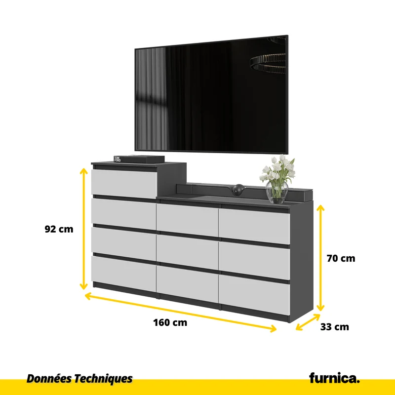 GABRIEL - Commode 10 Tiroirs (6+4) - H92/70 cm L160 cm P33 cm (Anthracite / Blanc Mat)