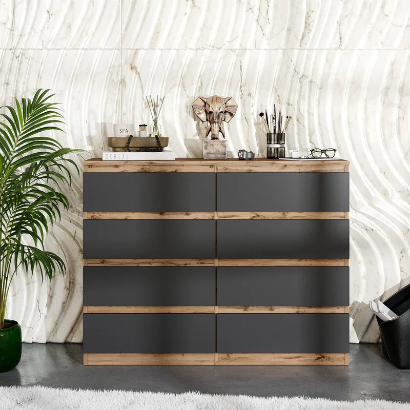 GABRIEL - Commode 8 Tiroirs - Buffet de Chevet - H92 cm L120 cm P33 cm (Chêne Wotan / Anthracite)