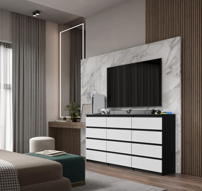 GABRIEL - Commode 12 Tiroirs (8+4) - H92cm L180cm P33cm (Anthracite / Blanc Mat)