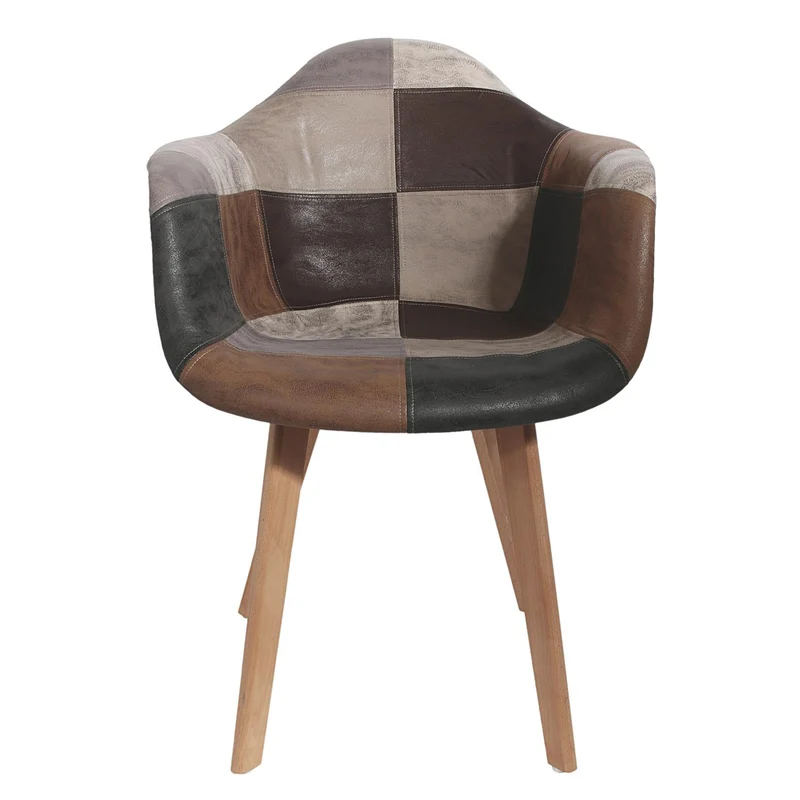 Fauteuil patchwork simili cuir marron pieds hêtre