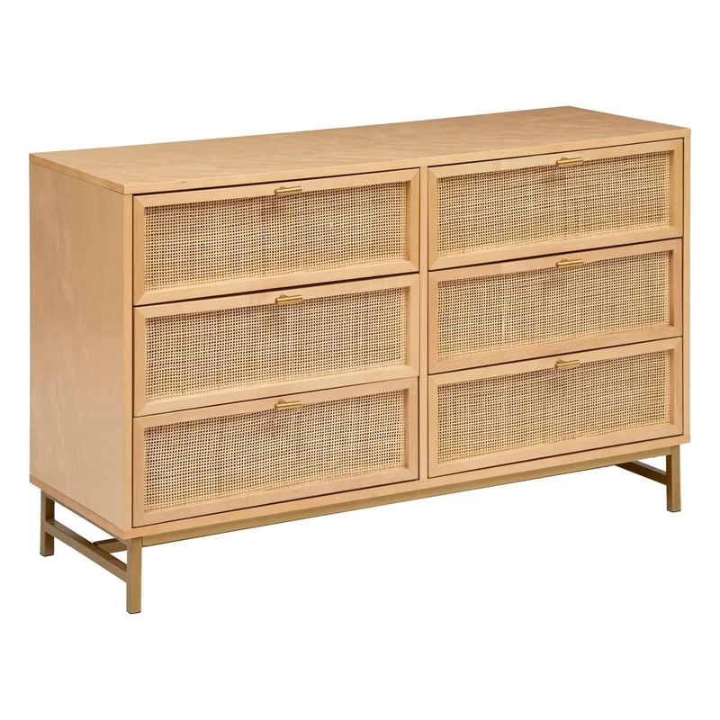 Commode Rayo double 6 tiroirs bouleau et cannage