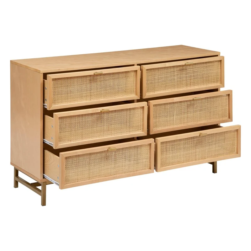 Commode Rayo double 6 tiroirs bouleau et cannage