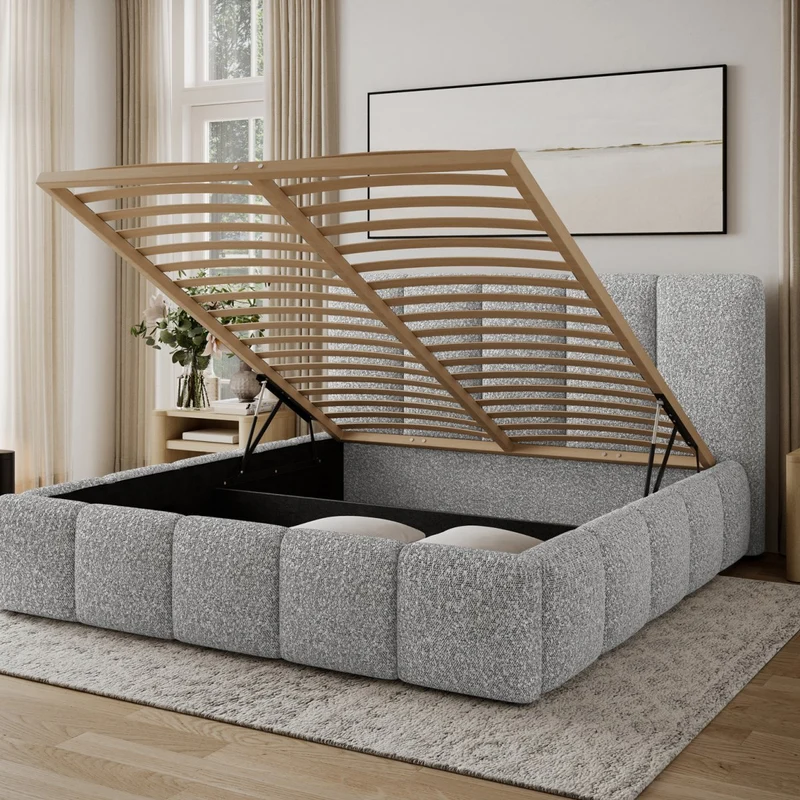 Lit coffre 180x200 sommier inclus Klaus Bouclé Gris