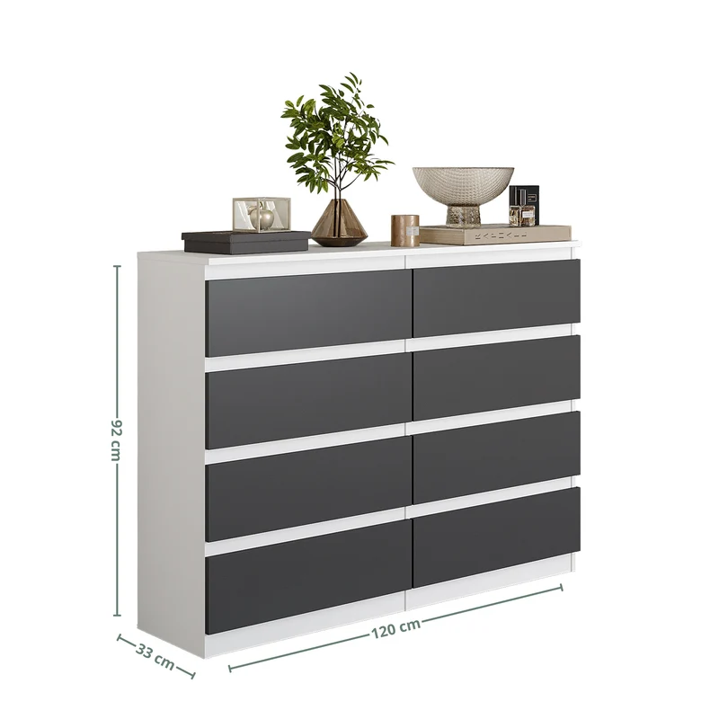 GABRIEL - Commode 8 Tiroirs - Buffet de Chevet - H92 cm L120 cm P33 cm (Blanc Mat / Anthracite)