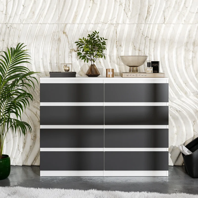 GABRIEL - Commode 8 Tiroirs - Buffet de Chevet - H92 cm L120 cm P33 cm (Blanc Mat / Anthracite)