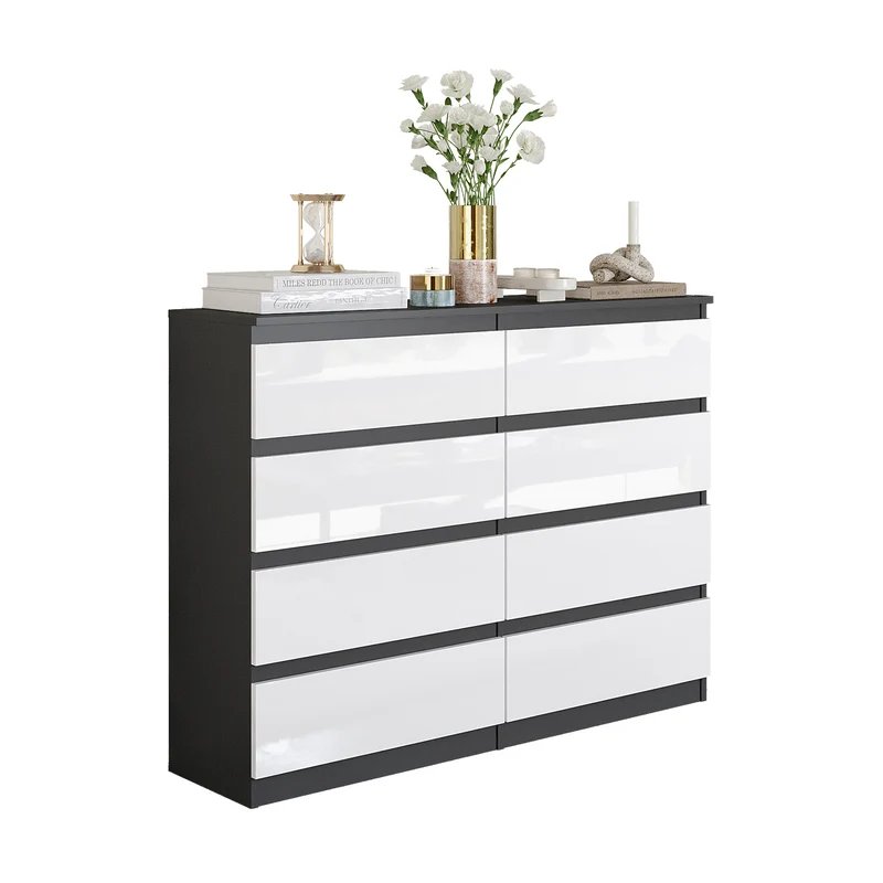 GABRIEL - Commode 8 Tiroirs - Buffet de Chevet - H92 cm L120 cm P33 cm (Anthracite / Blanc Brillant)