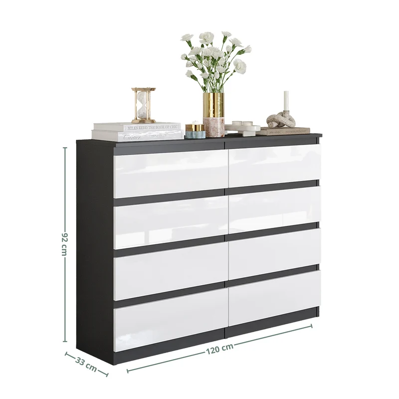 GABRIEL - Commode 8 Tiroirs - Buffet de Chevet - H92 cm L120 cm P33 cm (Anthracite / Blanc Brillant)