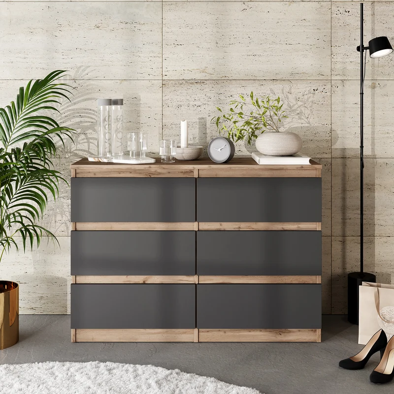 GABRIEL - Commode 6 Tiroirs - Buffet de Chevet - H71 cm L100 cm P33 cm (Chêne Wotan / Anthracite)