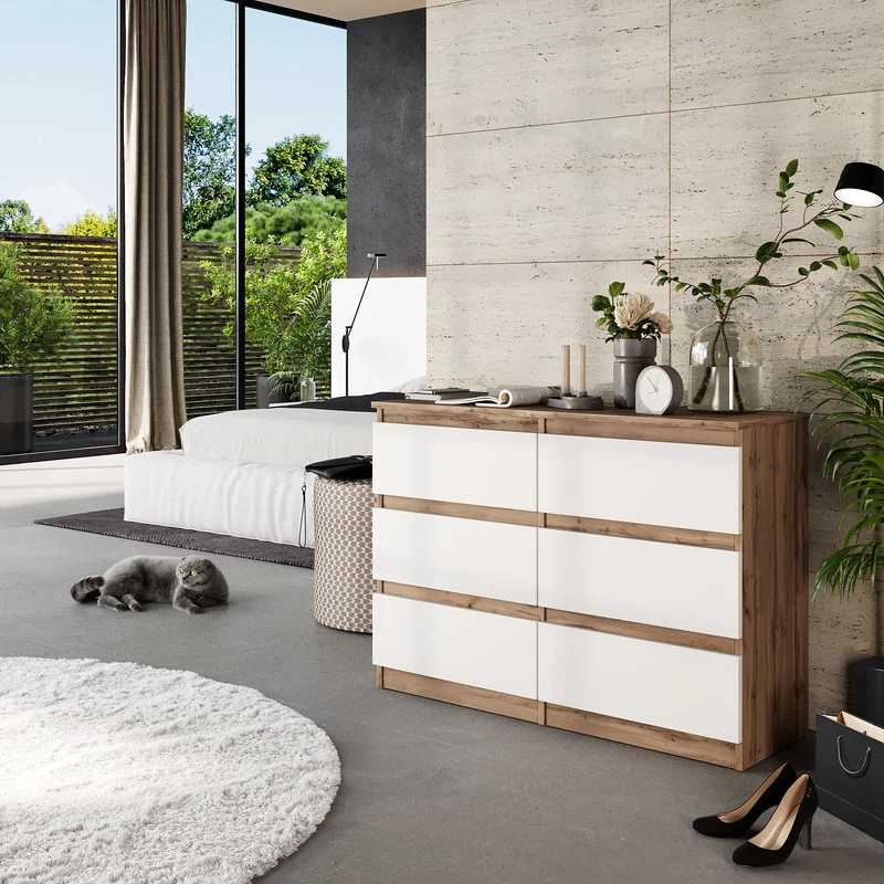 GABRIEL - Commode 6 Tiroirs - Buffet de Chevet - H71 cm L100 cm P33 cm (Chêne Wotan / Blanc Mat)