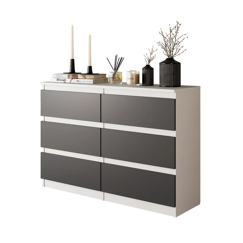 GABRIEL - Commode 6 Tiroirs - Buffet de Chevet - H71 cm L100 cm P33 cm (Blanc Mat / Anthracite)