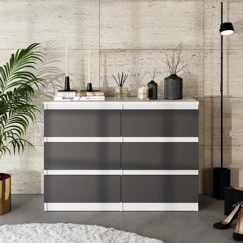 GABRIEL - Commode 6 Tiroirs - Buffet de Chevet - H71 cm L100 cm P33 cm (Blanc Mat / Anthracite)