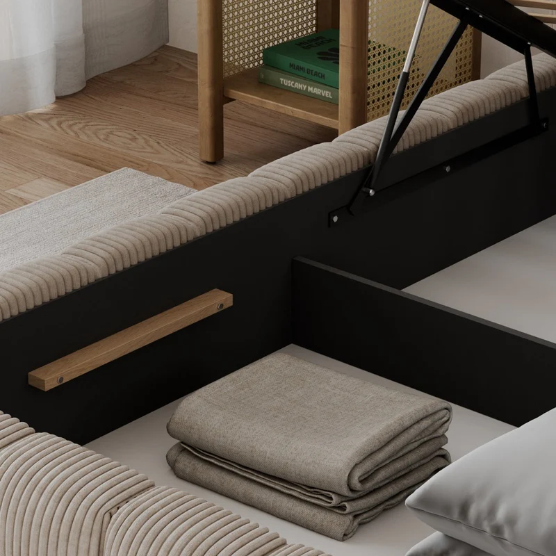 Lit coffre 180x200 sommier et LED inclus Auria Velours côtelé Beige
