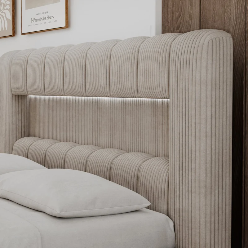 Lit coffre 180x200 sommier et LED inclus Auria Velours côtelé Beige