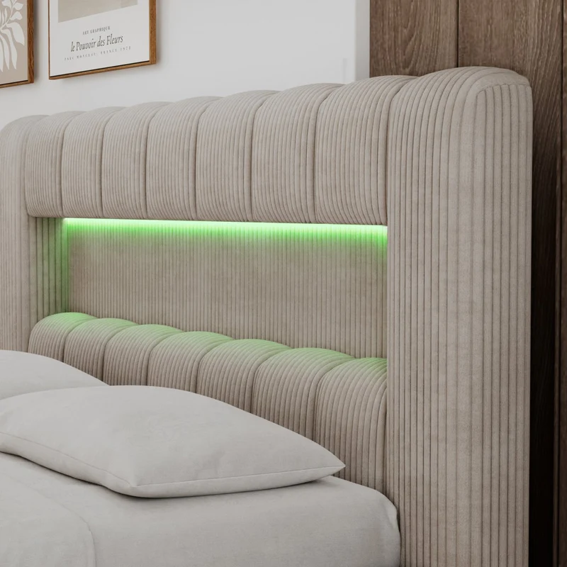 Lit coffre 180x200 sommier et LED inclus Auria Velours côtelé Beige