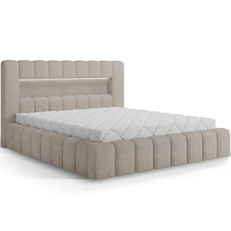 Lit coffre 160x200 sommier et LED inclus Auria Velours côtelé Beige