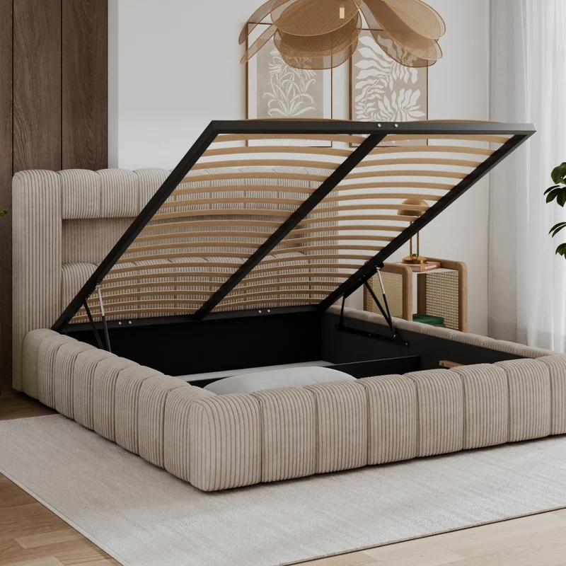 Lit coffre 160x200 sommier et LED inclus Auria Velours côtelé Beige