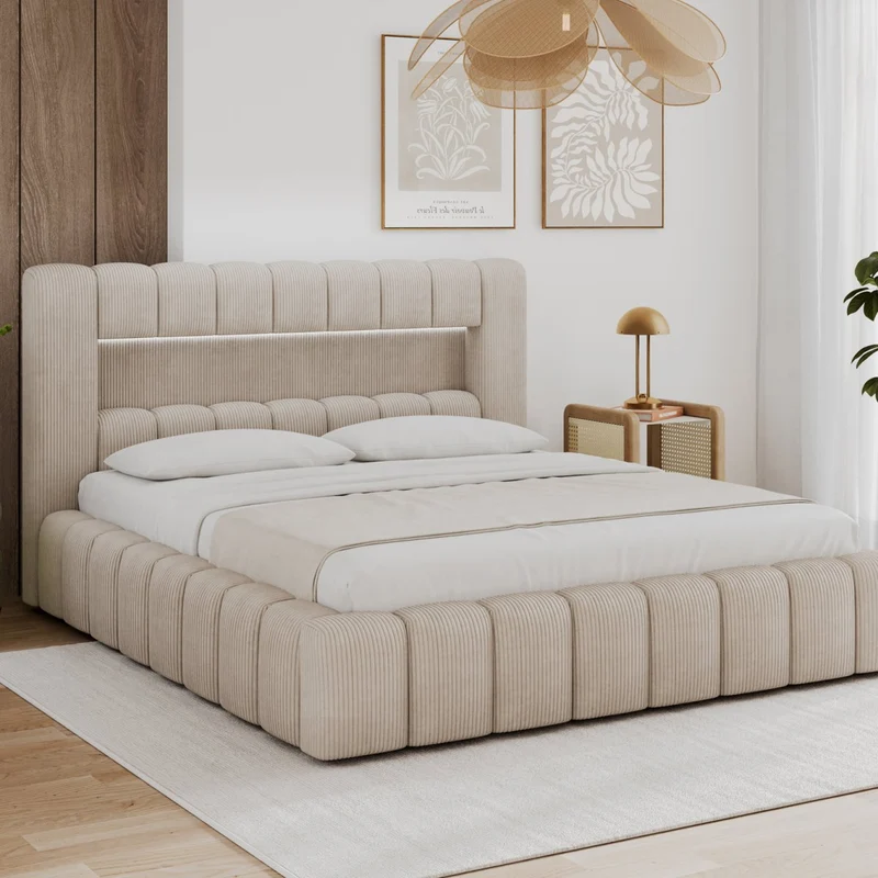 Lit coffre 140x200 sommier et LED inclus Auria Velours côtelé Beige