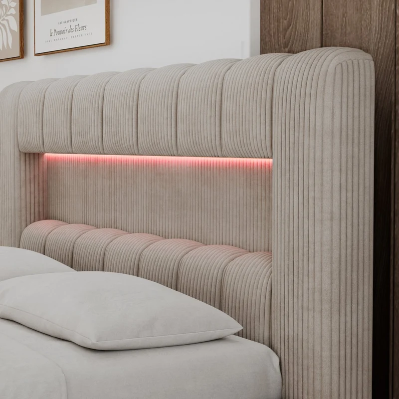 Lit coffre 140x200 sommier et LED inclus Auria Velours côtelé Beige