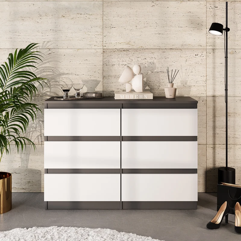 GABRIEL - Commode 6 Tiroirs - Buffet de Chevet - H71 cm L100 cm P33 cm (Anthracite / Blanc Mat)