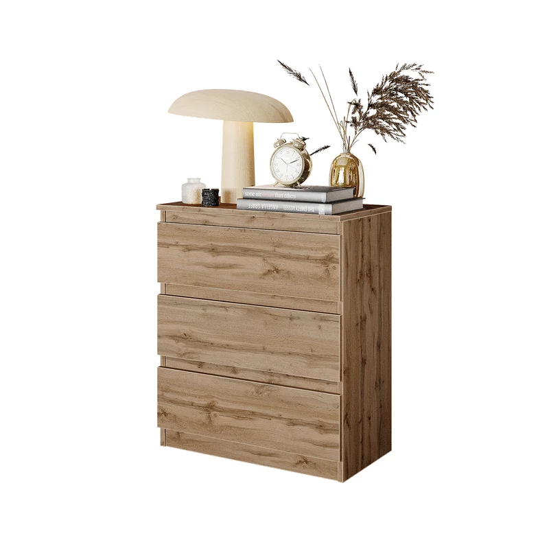 GABRIEL - Commode / Table de Chevet - 3 Tiroirs – Chêne Wotan – H72cm L60cm P33cm