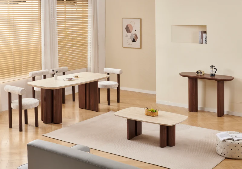 Ensemble table travertin et 4 chaises noyer - Doria