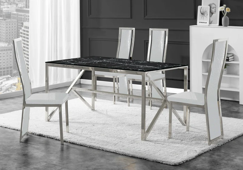 Table marbre noir et 6 chaises croco argent – Jessy