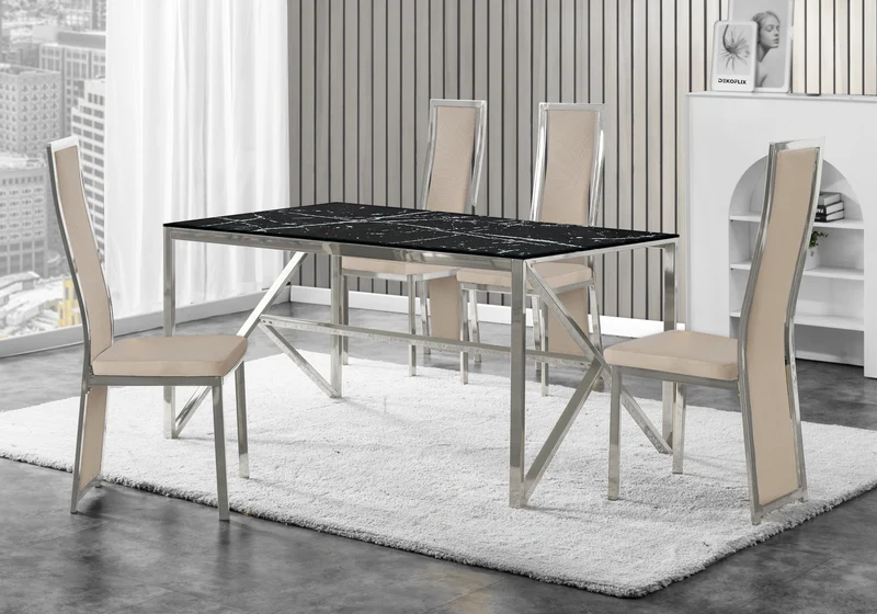 Table marbre noir et 6 chaises velours argent – Jessy