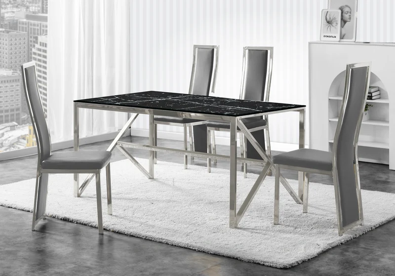 Table marbre noir et 6 chaises simili-cuir argent – Jessy